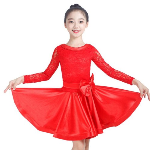 Girls competition latin dresses for children green black red lace  stage performance salsa rumba chacha dance skirt dresses